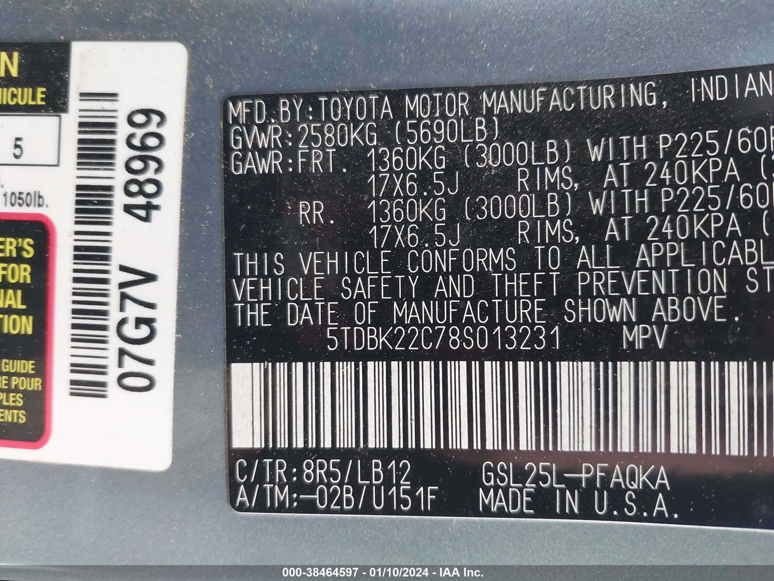 Photo 8 VIN: 5TDBK22C78S013231 - TOYOTA SIENNA XLE 