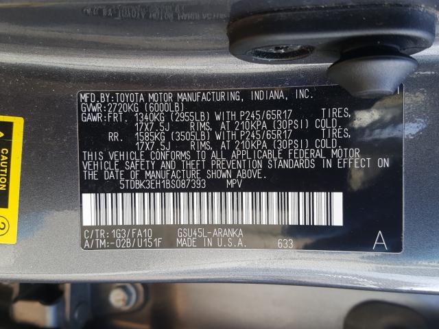 Photo 9 VIN: 5TDBK3EH1BS087393 - TOYOTA HIGHLANDER 