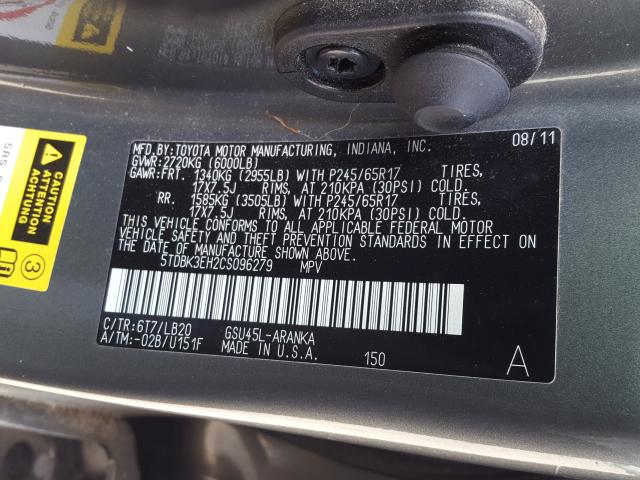 Photo 9 VIN: 5TDBK3EH2CS096279 - TOYOTA HIGHLANDER 