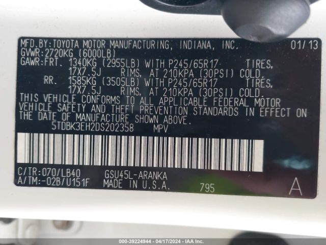 Photo 8 VIN: 5TDBK3EH2DS202358 - TOYOTA HIGHLANDER 