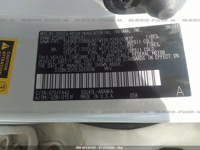 Photo 8 VIN: 5TDBK3EH3CS093696 - TOYOTA HIGHLANDER 