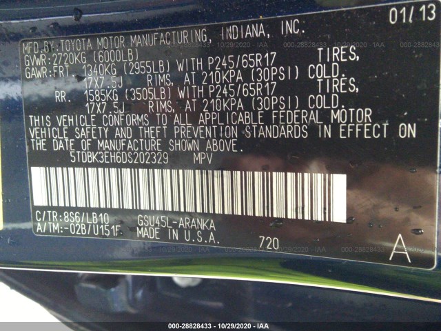 Photo 8 VIN: 5TDBK3EH6DS202329 - TOYOTA HIGHLANDER 