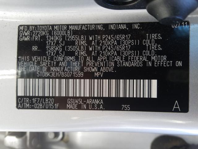 Photo 9 VIN: 5TDBK3EH7BS071599 - TOYOTA HIGHLANDER 