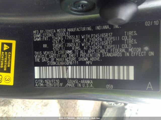 Photo 8 VIN: 5TDBK3EH8AS016111 - TOYOTA HIGHLANDER 