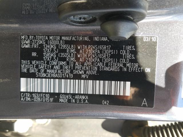 Photo 9 VIN: 5TDBK3EH8AS017419 - TOYOTA HIGHLANDER 