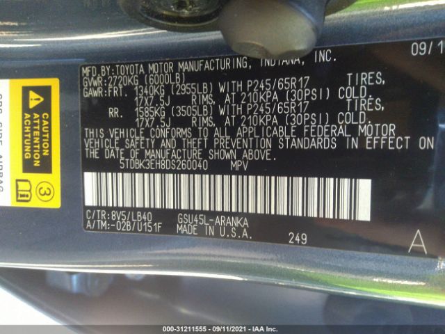 Photo 8 VIN: 5TDBK3EH8DS260040 - TOYOTA HIGHLANDER 