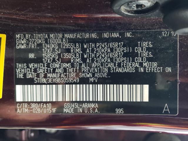 Photo 9 VIN: 5TDBK3EH9BS059549 - TOYOTA HIGHLANDER 