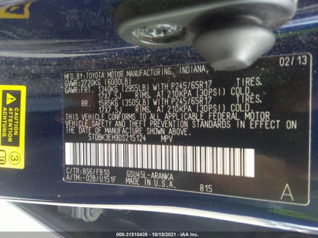 Photo 8 VIN: 5TDBK3EH9DS215124 - TOYOTA HIGHLANDER 