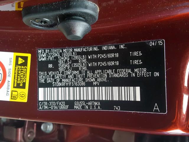 Photo 9 VIN: 5TDBKRFH1FS163086 - TOYOTA HIGHLANDER 