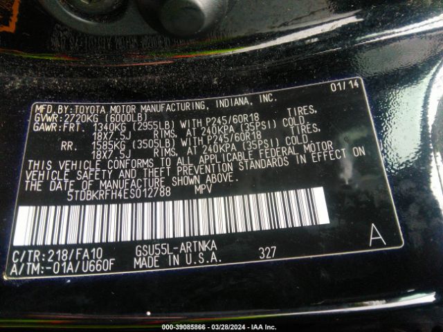 Photo 8 VIN: 5TDBKRFH4ES012788 - TOYOTA HIGHLANDER 