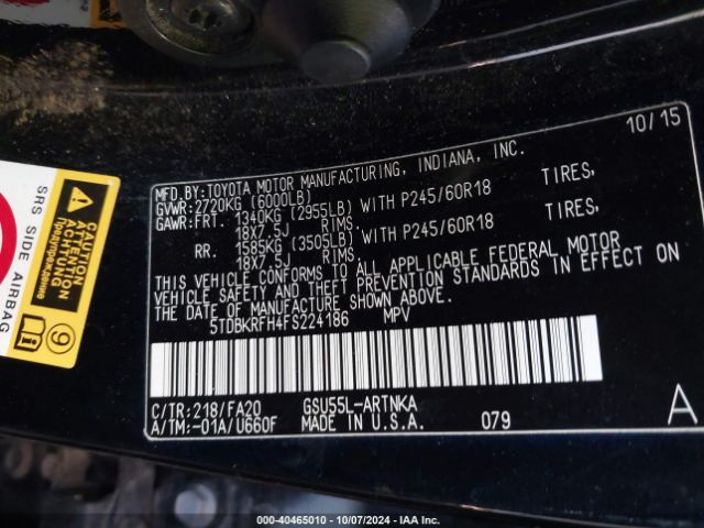 Photo 8 VIN: 5TDBKRFH4FS224186 - TOYOTA HIGHLANDER 