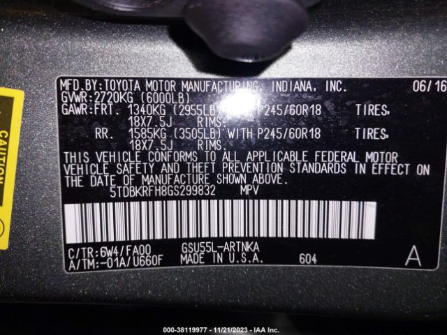 Photo 8 VIN: 5TDBKRFH8GS299832 - TOYOTA HIGHLANDER 