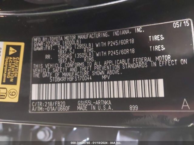 Photo 8 VIN: 5TDBKRFH9FS170044 - TOYOTA HIGHLANDER 