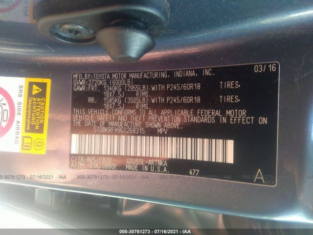 Photo 8 VIN: 5TDBKRFH9GS268315 - TOYOTA HIGHLANDER 