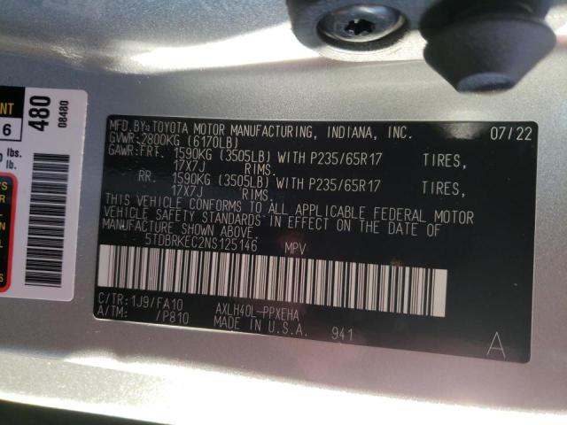 Photo 9 VIN: 5TDBRKEC2NS125146 - TOYOTA SIENNA LE 