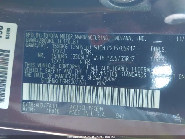 Photo 8 VIN: 5TDBRKEC6MS007261 - TOYOTA SIENNA 