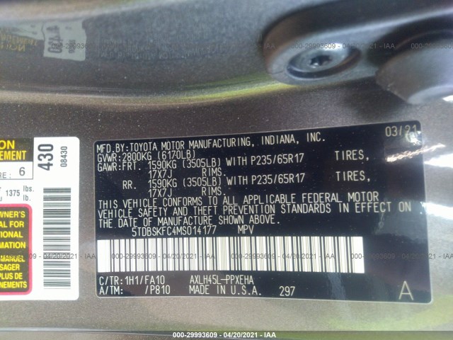 Photo 8 VIN: 5TDBSKFC4MS014177 - TOYOTA SIENNA 