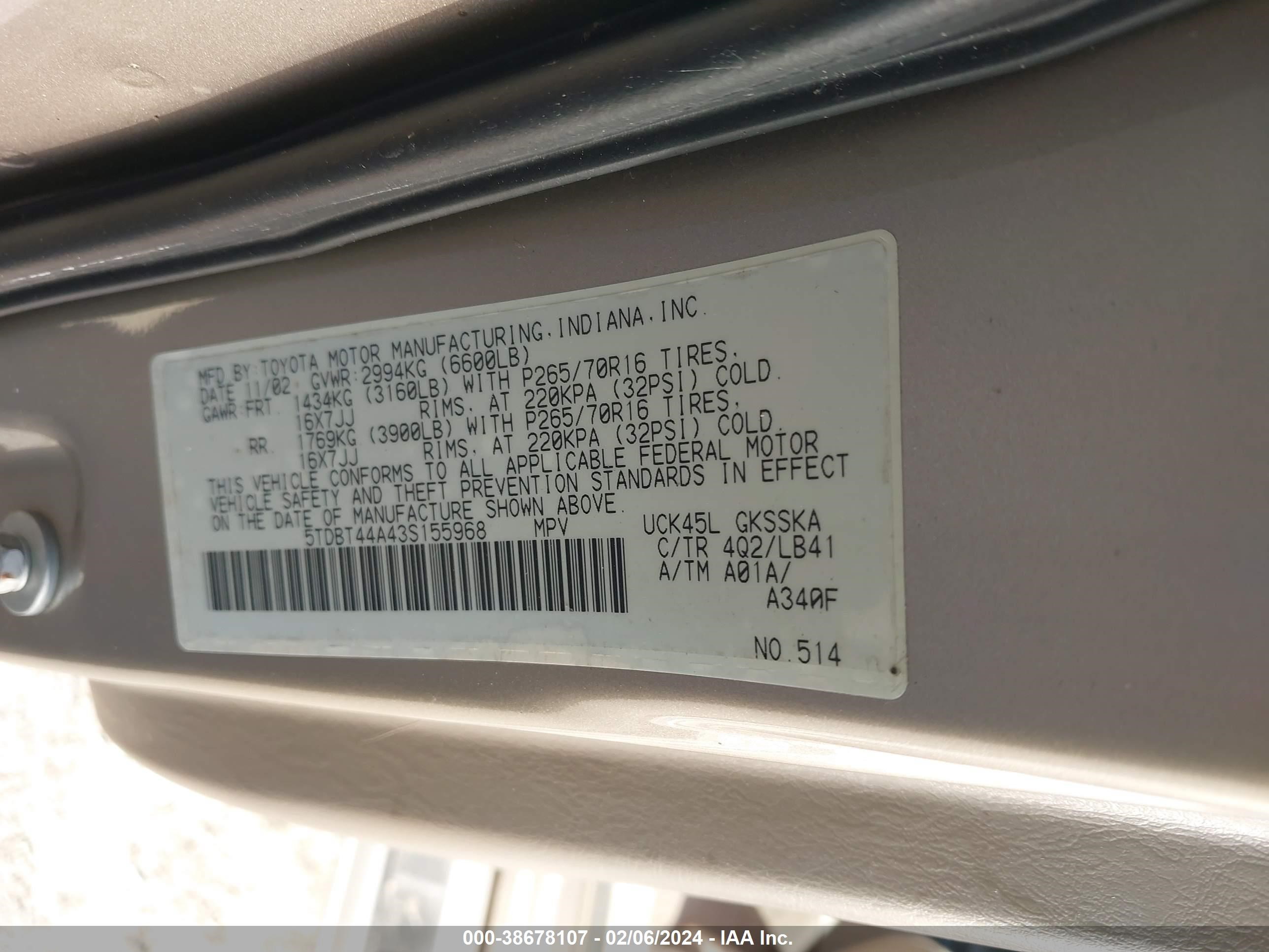 Photo 8 VIN: 5TDBT44A43S155968 - TOYOTA SEQUOIA 