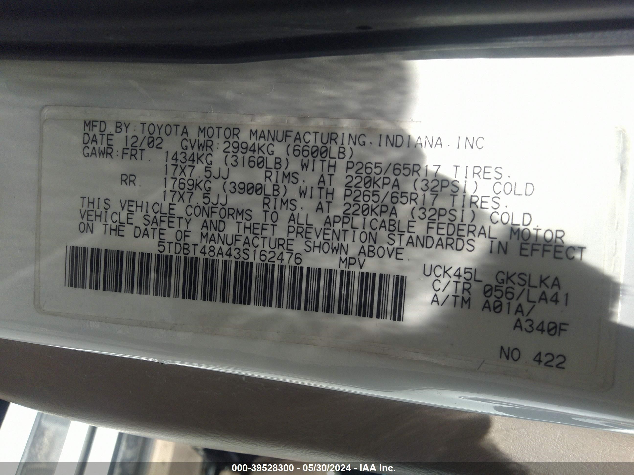 Photo 8 VIN: 5TDBT48A43S162476 - TOYOTA SEQUOIA 