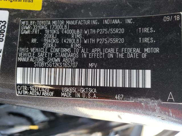 Photo 9 VIN: 5TDBY5G12KS165707 - TOYOTA SEQUOIA SR 