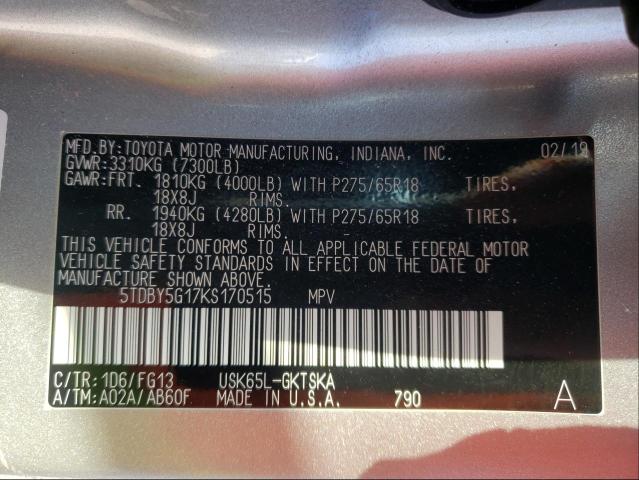 Photo 9 VIN: 5TDBY5G17KS170515 - TOYOTA SEQUOIA SR 