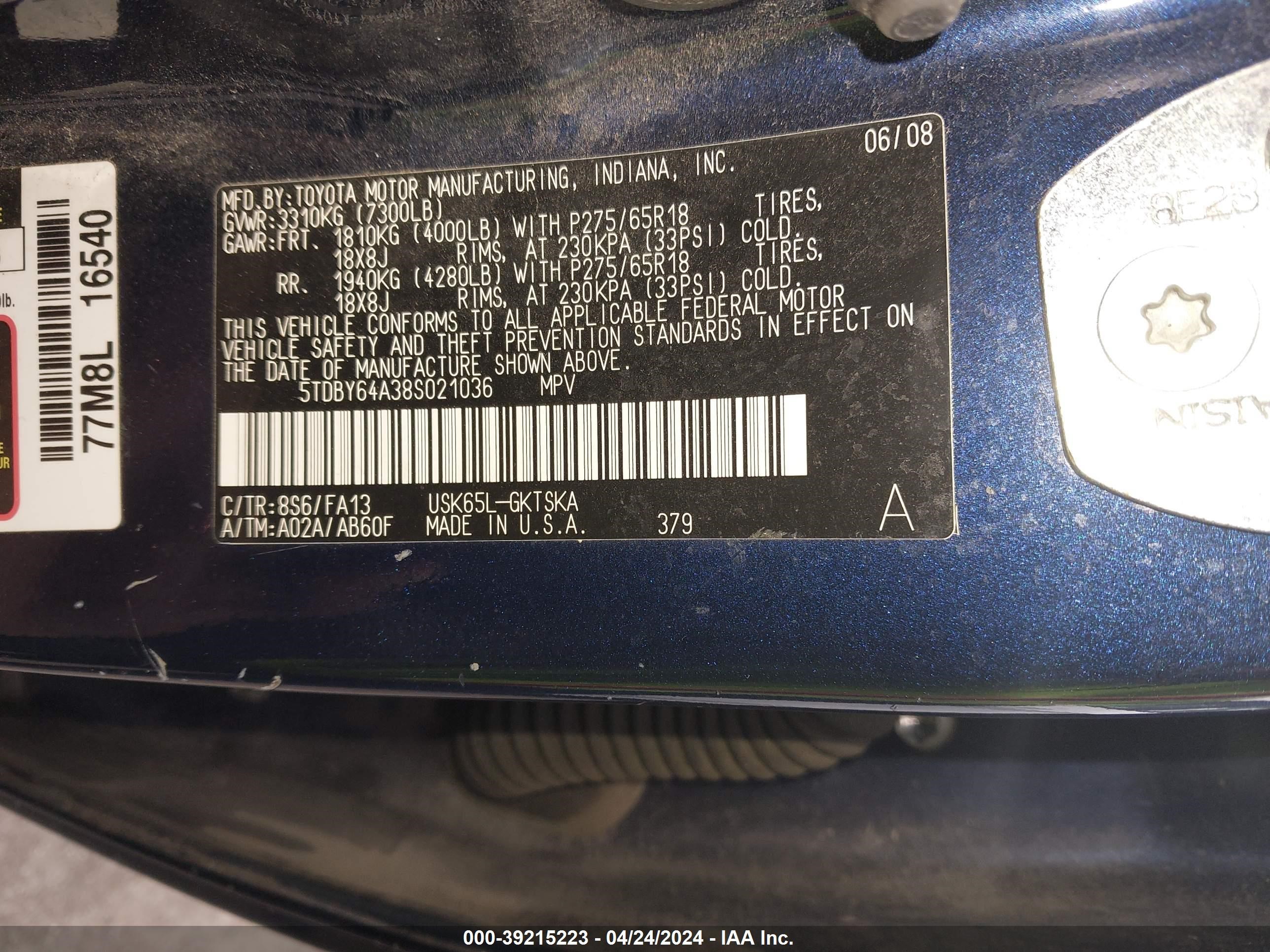 Photo 8 VIN: 5TDBY64A38S021036 - TOYOTA SEQUOIA 