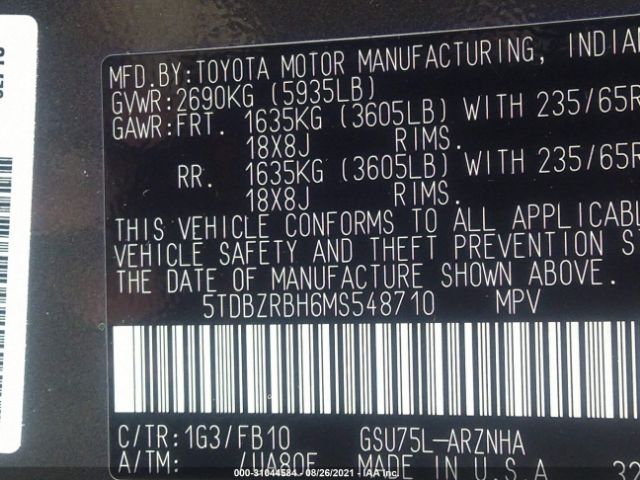 Photo 8 VIN: 5TDBZRBH6MS548710 - TOYOTA HIGHLANDER 