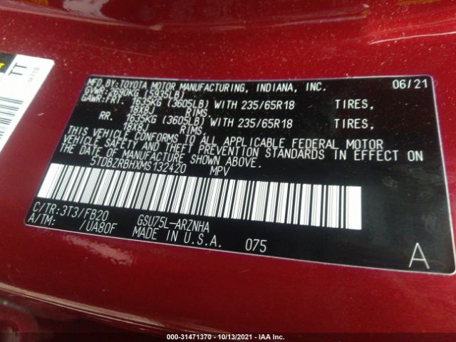 Photo 8 VIN: 5TDBZRBHXMS132420 - TOYOTA HIGHLANDER 