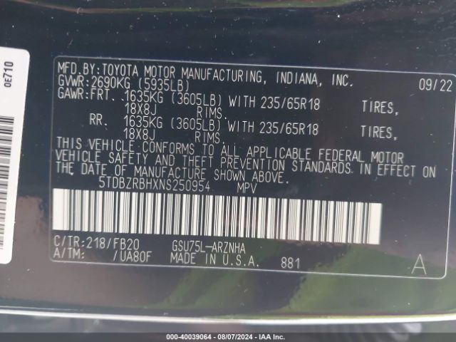 Photo 8 VIN: 5TDBZRBHXNS250954 - TOYOTA HIGHLANDER 