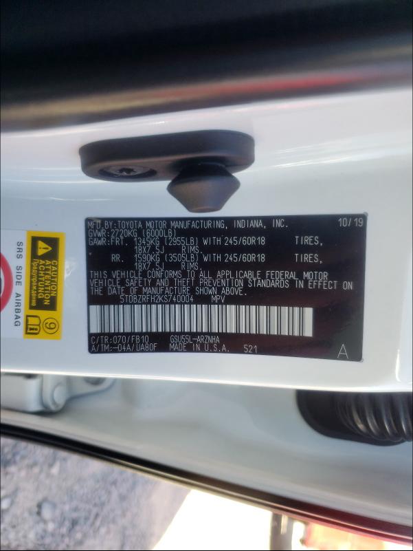 Photo 9 VIN: 5TDBZRFH2KS740004 - TOYOTA HIGHLANDER 