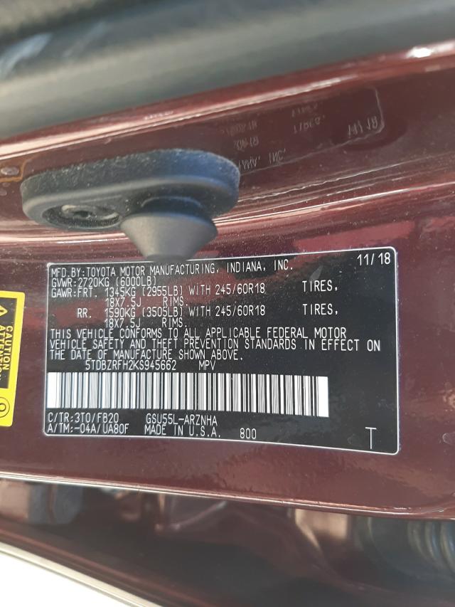 Photo 9 VIN: 5TDBZRFH2KS945662 - TOYOTA HIGHLANDER 