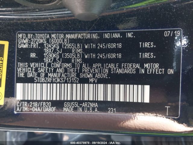 Photo 8 VIN: 5TDBZRFH3KS713152 - TOYOTA HIGHLANDER 