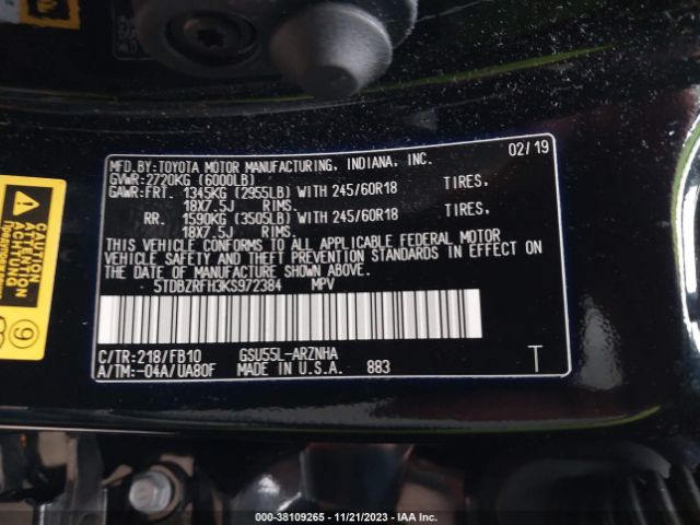 Photo 8 VIN: 5TDBZRFH3KS972384 - TOYOTA HIGHLANDER 