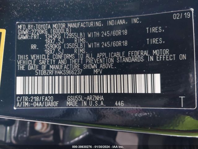 Photo 8 VIN: 5TDBZRFH4KS966237 - TOYOTA HIGHLANDER 