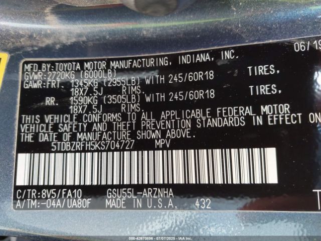 Photo 8 VIN: 5TDBZRFH5KS704727 - TOYOTA HIGHLANDER 