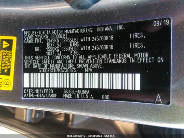 Photo 8 VIN: 5TDBZRFH7KS730875 - TOYOTA HIGHLANDER 