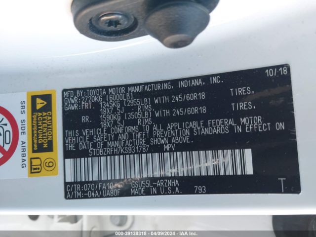 Photo 8 VIN: 5TDBZRFH7KS931787 - TOYOTA HIGHLANDER 