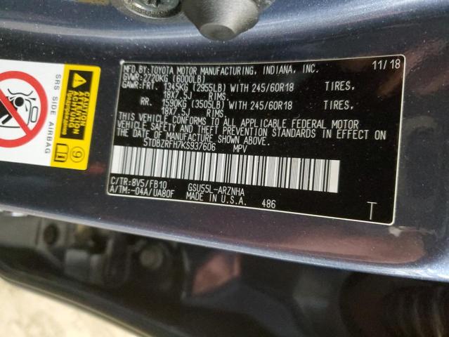 Photo 12 VIN: 5TDBZRFH7KS937606 - TOYOTA HIGHLANDER 