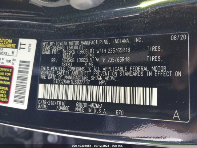 Photo 8 VIN: 5TDCZRAH1LS027737 - TOYOTA HIGHLANDER 