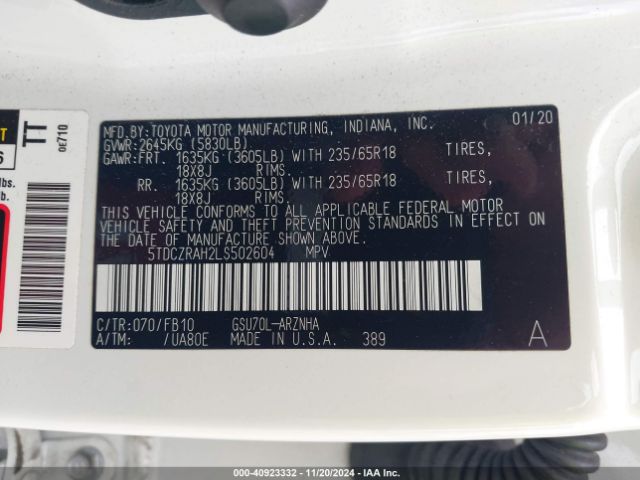 Photo 8 VIN: 5TDCZRAH2LS502604 - TOYOTA HIGHLANDER 