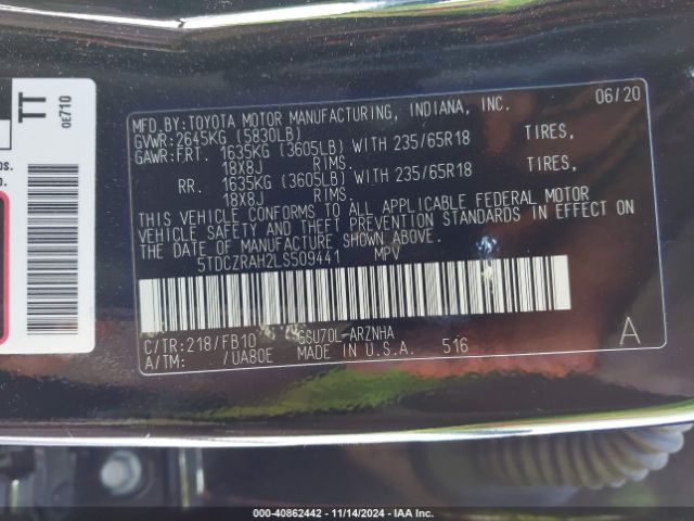 Photo 8 VIN: 5TDCZRAH2LS509441 - TOYOTA HIGHLANDER 