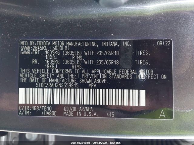 Photo 8 VIN: 5TDCZRAH3NS559915 - TOYOTA HIGHLANDER 