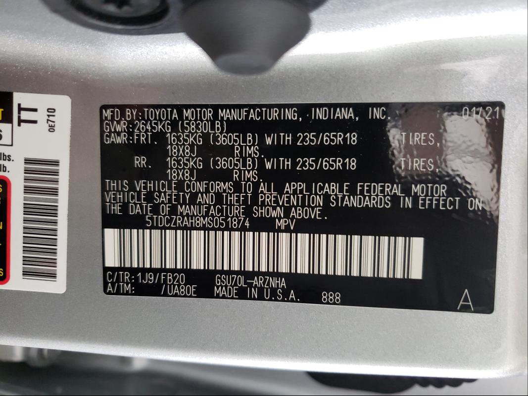 Photo 9 VIN: 5TDCZRAH8MS051874 - TOYOTA HIGHLANDER 