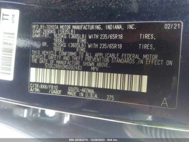 Photo 8 VIN: 5TDCZRBH2MS092483 - TOYOTA HIGHLANDER 