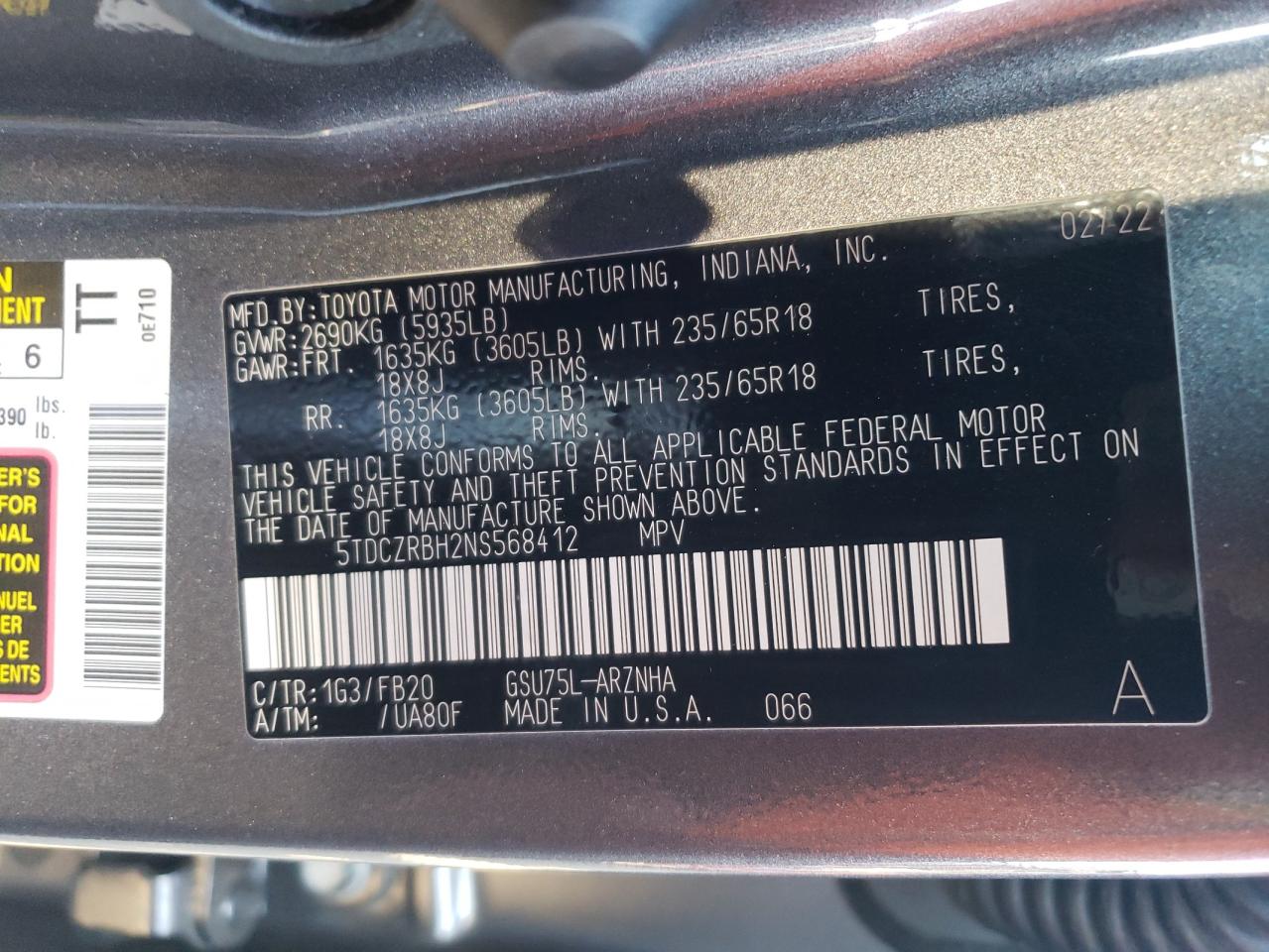 Photo 11 VIN: 5TDCZRBH2NS568412 - TOYOTA HIGHLANDER 