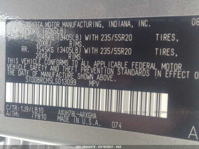 Photo 8 VIN: 5TDDBRCH5LS013099 - TOYOTA HIGHLANDER 