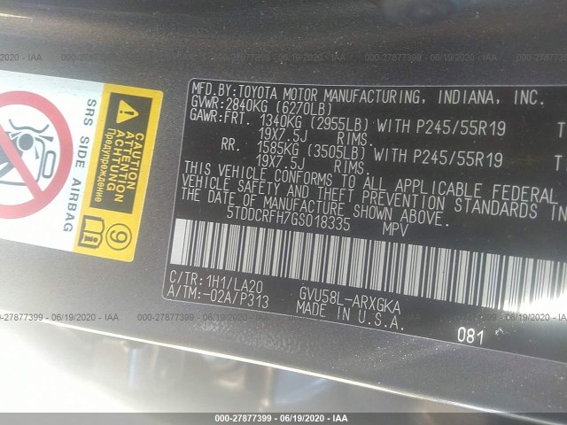 Photo 8 VIN: 5TDDCRFH7GS018335 - TOYOTA HIGHLANDER HYBRID 