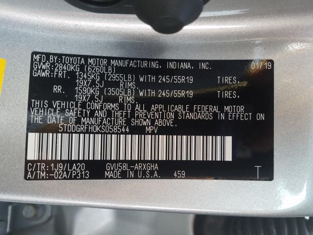 Photo 9 VIN: 5TDDGRFH0KS058544 - TOYOTA HIGHLANDER 