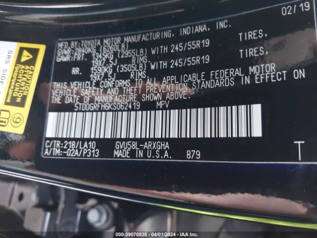 Photo 8 VIN: 5TDDGRFH6KS062419 - TOYOTA HIGHLANDER HYBRID 