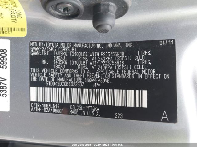 Photo 8 VIN: 5TDDK3DC0BS023537 - TOYOTA SIENNA 